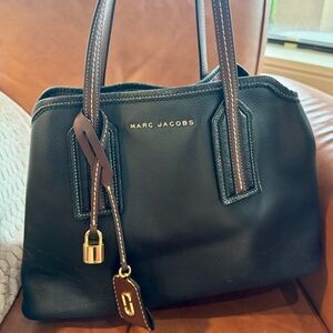 Classic Black Leather Marc Jacobs Shoulder Bag with Lock and Key Charms.